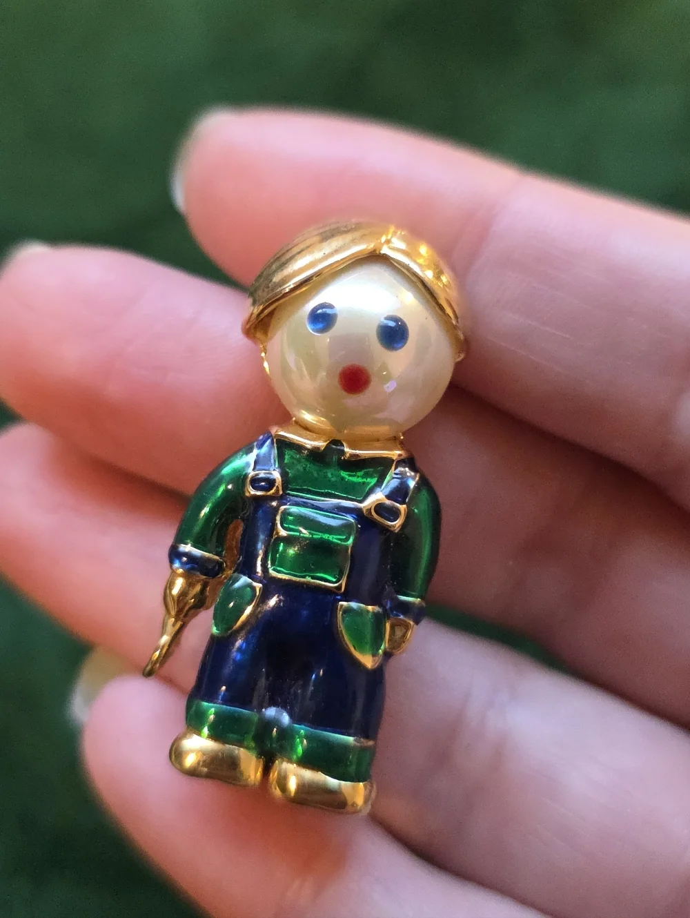 1980s Gold Plated Enamel Boy In Overalls Brooch